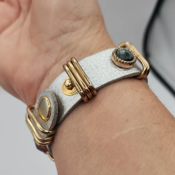 Leather Snap Gold and Silver Bracelet - Picture 13 of 15